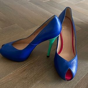 Stuart Weitzman blue/pink/green heels with peep toe size 9.5